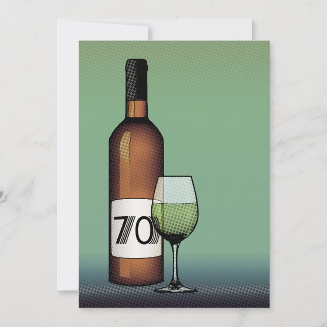 70th birthday : halftone wine bottle & glass invitation (Front)