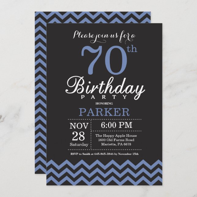 70th Birthday Invitation Black and Blue (Front/Back)