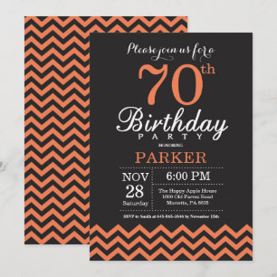 70th Birthday Invitation Black and Coral Chevron