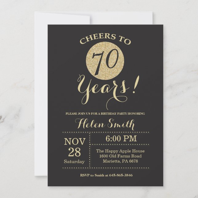 70th Birthday Invitation Black and Gold Glitter (Front)