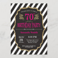 70th Birthday Invitation. Black and Gold Glitter