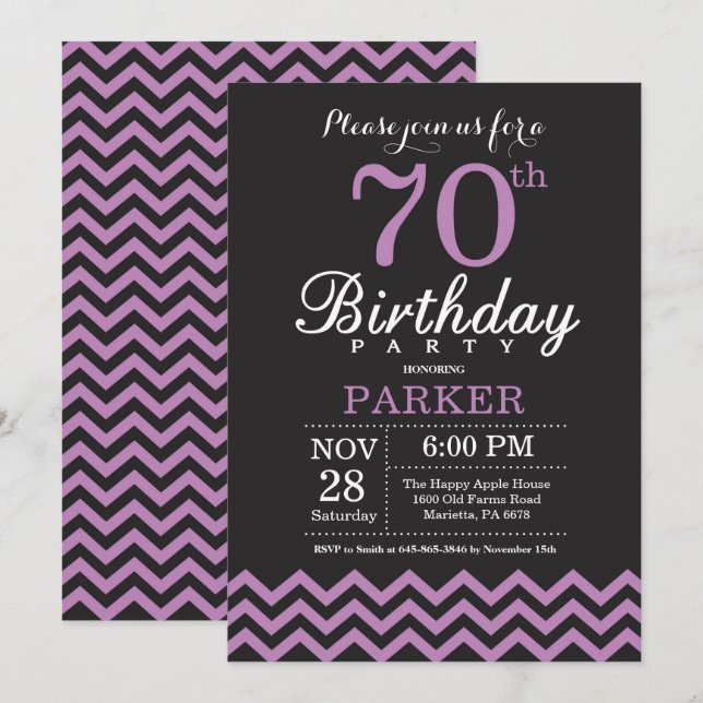 70th Birthday Invitation Black and Purple (Front/Back)
