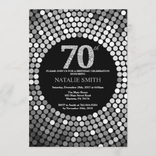 70th Birthday Invitation Black and Silver Glitter