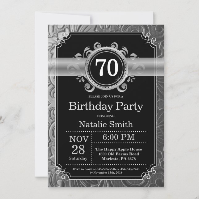 70th Birthday Invitation Black and Silver Glitter (Front)