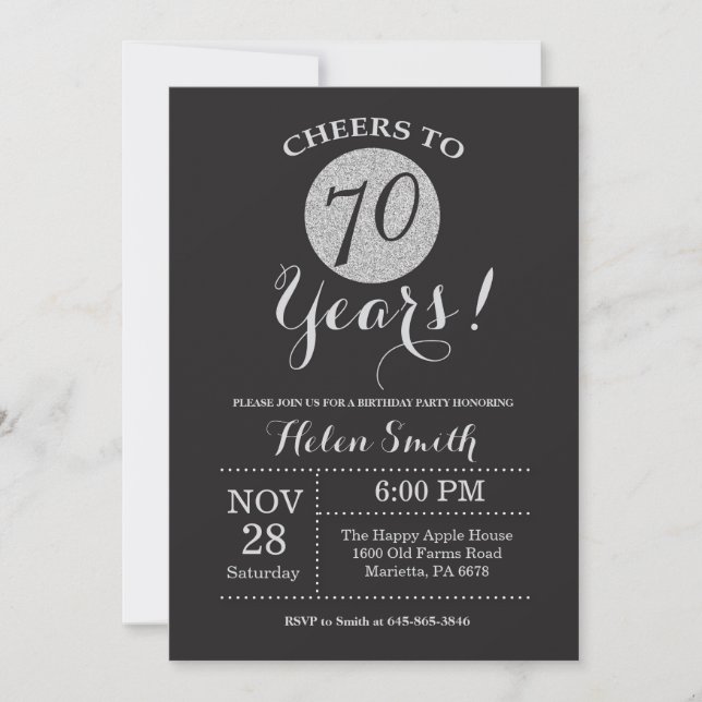 70th Birthday Invitation Black and Silver Glitter (Front)