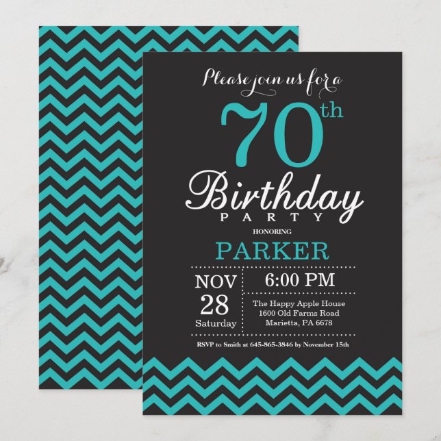 70th Birthday Invitation Black and Teal (Front/Back)