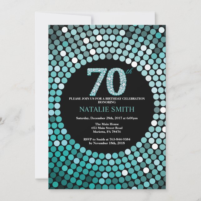 70th Birthday Invitation Black and Teal Glitter (Front)