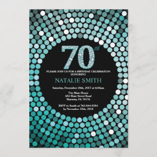 70th Birthday Invitation Black and Teal Glitter