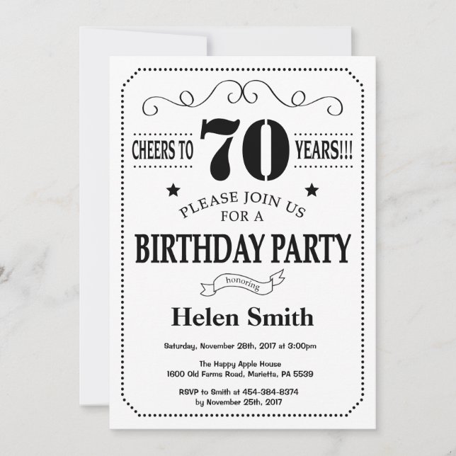 70th Birthday Invitation Black and White (Front)