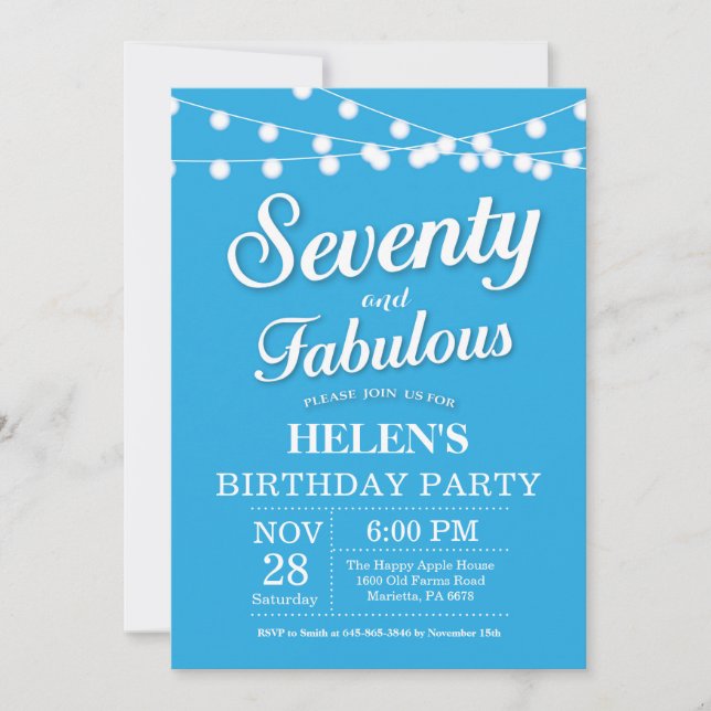 70th Birthday Invitation Blue Fabulous (Front)