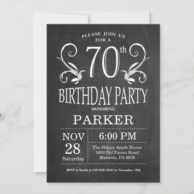70th Birthday Invitation Chalkboard Floral (Front)