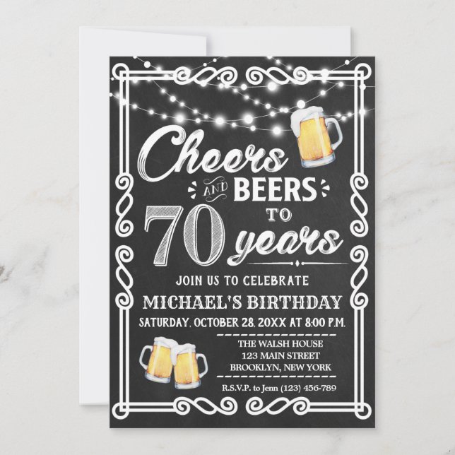 70th Birthday Invitation | Cheers and Beers (Front)
