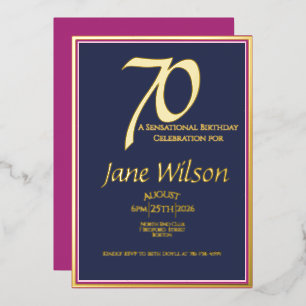 70th Birthday Invitation Elegant Pink, Navy and 