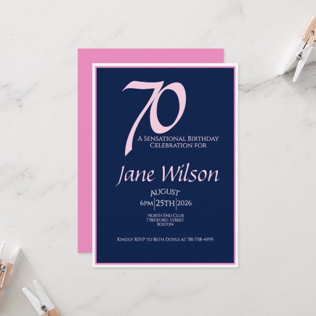 70th Birthday Invitation Elegant Pink Navy Modern (Front/Back In Situ)