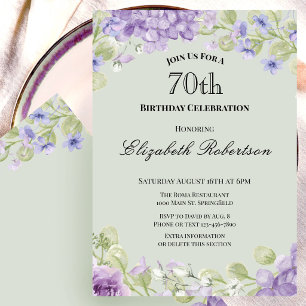 70th Birthday Invitation Elegant Purple Floral