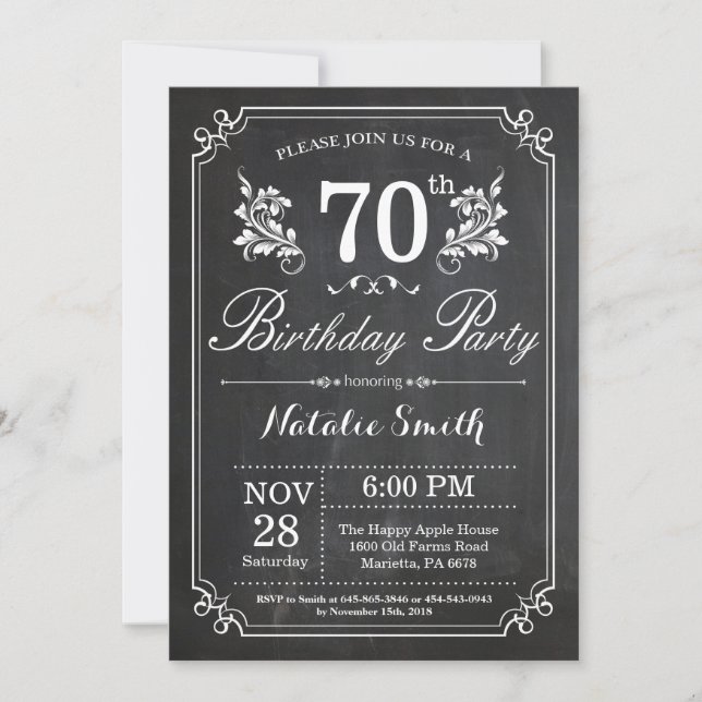 70th Birthday Invitation Floral Chalkboard (Front)
