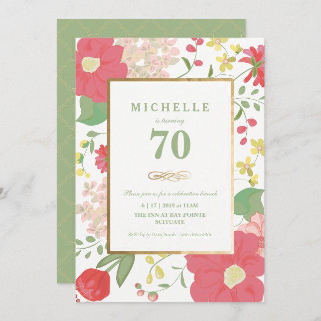 70th Birthday Invitation - Gold, Elegant Floral (Front/Back)
