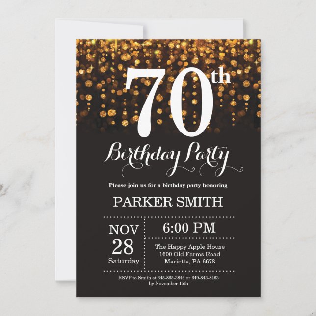 70th Birthday Invitation Gold Glitter (Front)