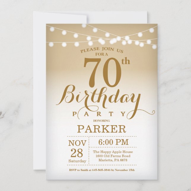 70th Birthday Invitation Gold String Lights (Front)
