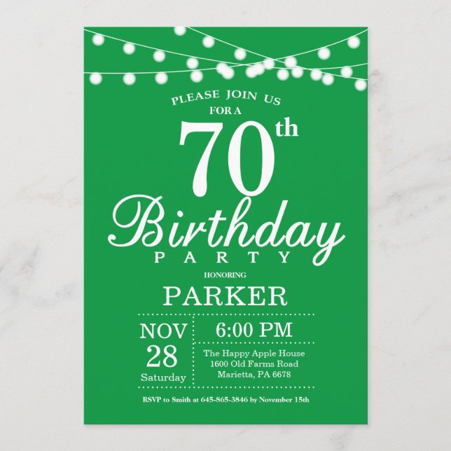 70th Birthday Invitation Green (Front)