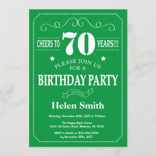 70th Birthday Invitation Green and White