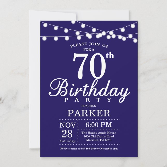 70th Birthday Invitation Navy Blue (Front)