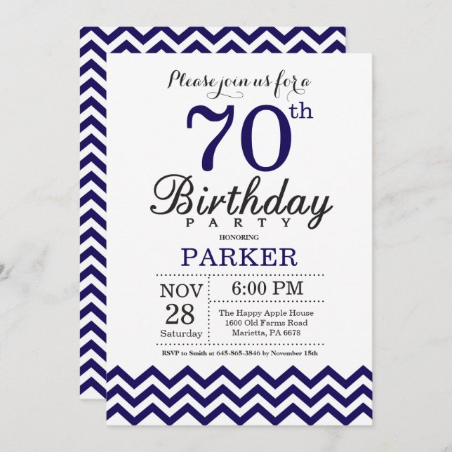 70th Birthday Invitation Navy Blue Chevron (Front/Back)