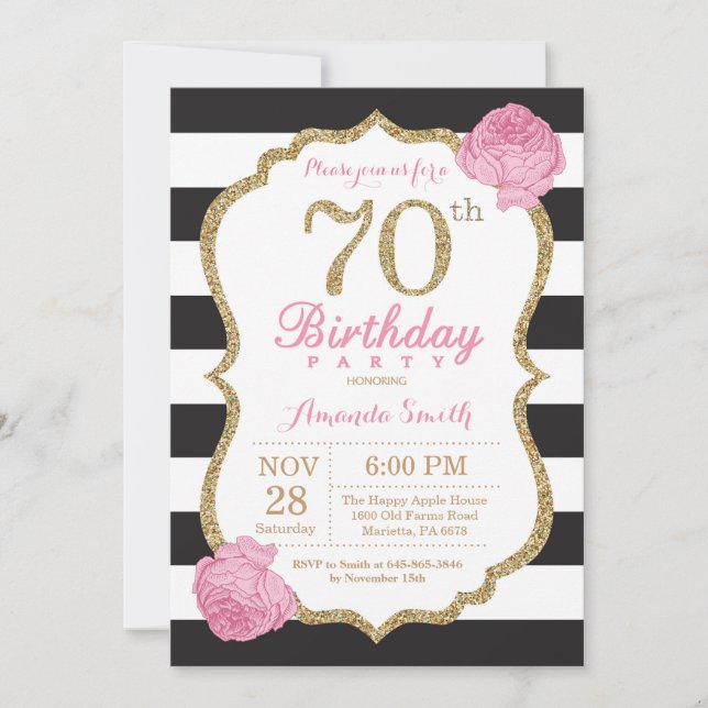 70th Birthday Invitation Pink Black Gold Floral (Front)