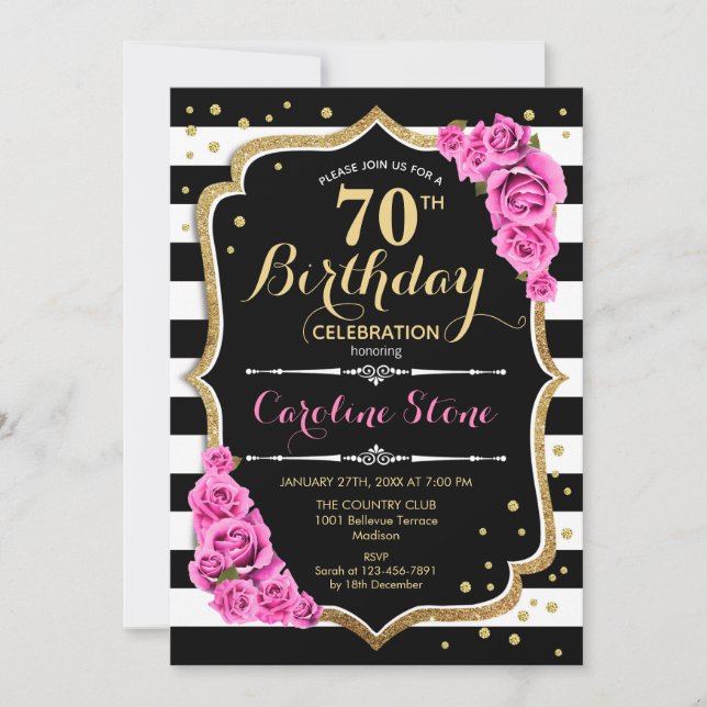 70th Birthday Invitation Pink Black White Stripes (Front)