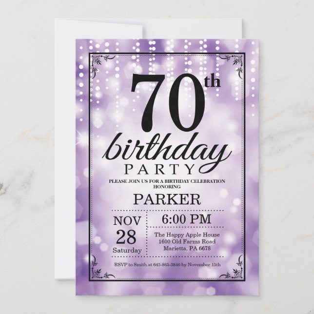 70th Birthday Invitation Purple Glitter (Front)