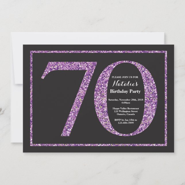 70th Birthday Invitation Purple Glitter Chalkboard (Front)