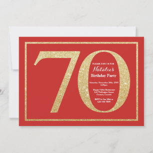 70th Birthday Invitation Red and Gold Glitter