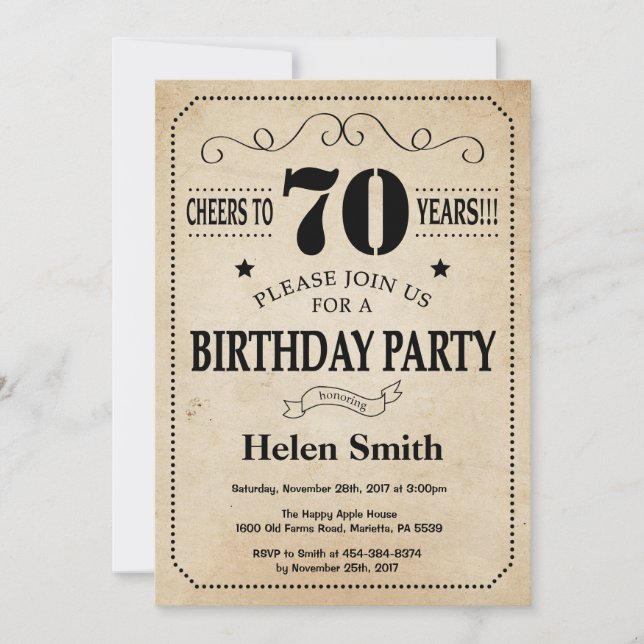 70th Birthday Invitation Rustic Vintage Retro (Front)