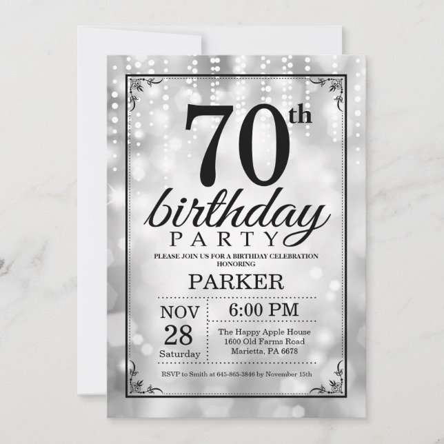 70th Birthday Invitation Silver Glitter (Front)