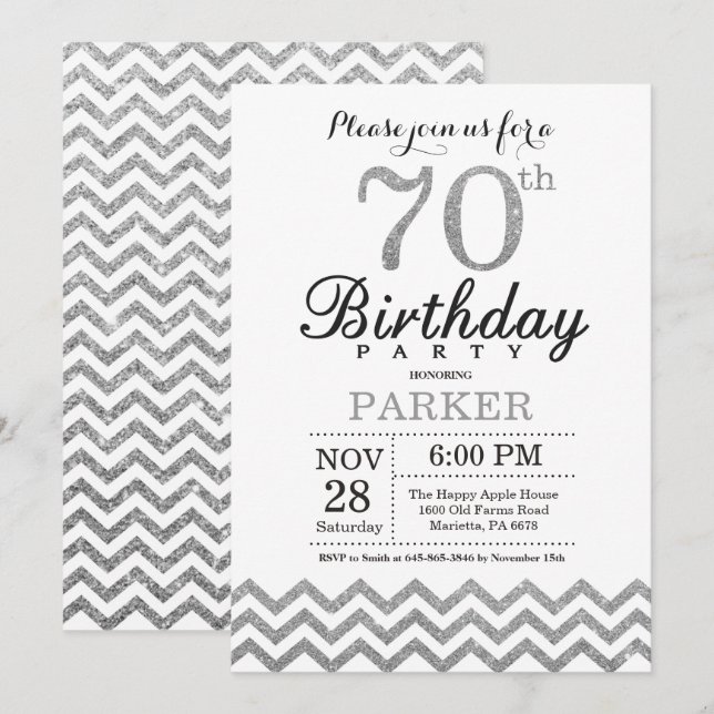 70th Birthday Invitation Silver Glitter (Front/Back)