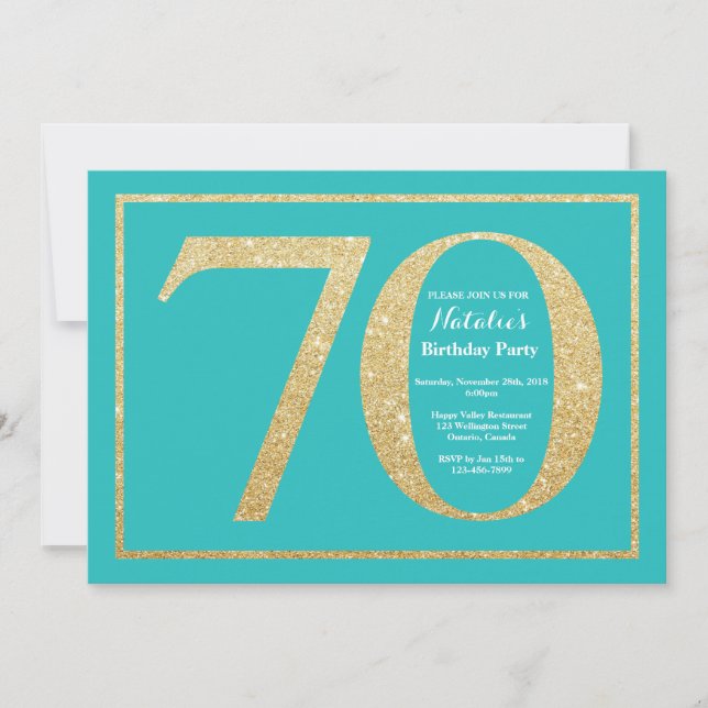 70th Birthday Invitation Teal and Gold Glitter (Front)