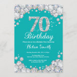 70th Birthday Invitation Teal and Silver Diamond<br><div class="desc">70th Birthday Invitation. Teal and Silver Rhinestone Diamond Teal Turquoise Aqua Background. Elegant Birthday Bash invite. Adult Birthday. Women Birthday. Men Birthday. For further customisation,  please click the "Customise it" button and use our design tool to modify this template.</div>