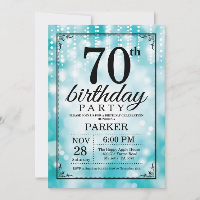 70th Birthday Invitation Teal Glitter (Front)