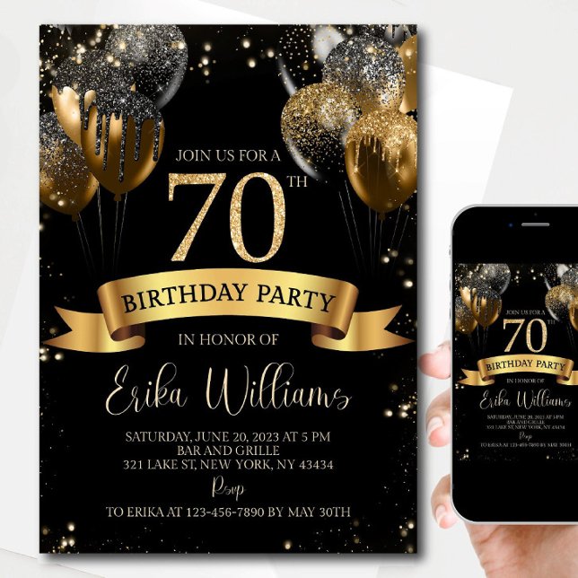 70th Birthday Invitation Template: Black & Gold Ba (Creator Uploaded)