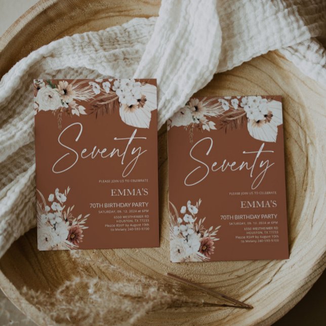 70th Birthday Invitation Terracotta  Boho Pampas  (Creator Uploaded)