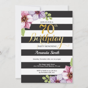 70th Birthday Invitation Women. Floral Gold Black
