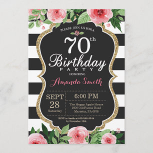 70th Birthday Invitation Women. Floral Gold Black