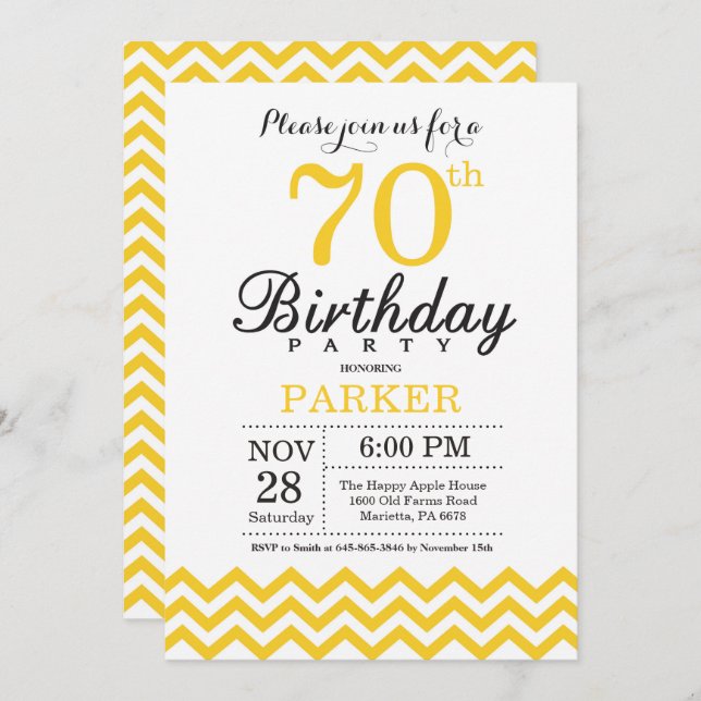 70th Birthday Invitation Yellow Chevron (Front/Back)