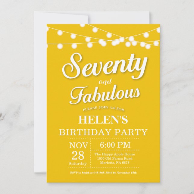 70th Birthday Invitation Yellow Fabulous (Front)