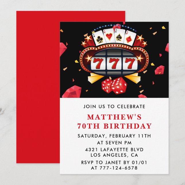 70th birthday invitations Casino theme Poker Red (Front/Back)
