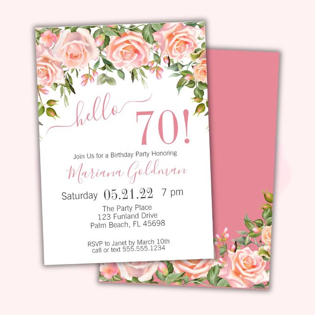 70th Birthday Invitations Pink Floral Modern Party (Creator Uploaded)