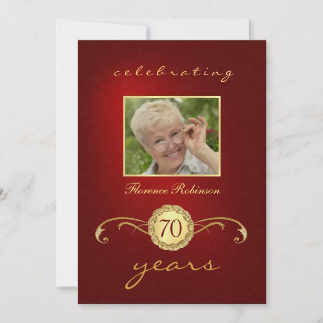 70th Birthday Invitations - Red & Gold Monogram (Front)