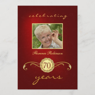70th Birthday Invitations - Red & Gold Monogram