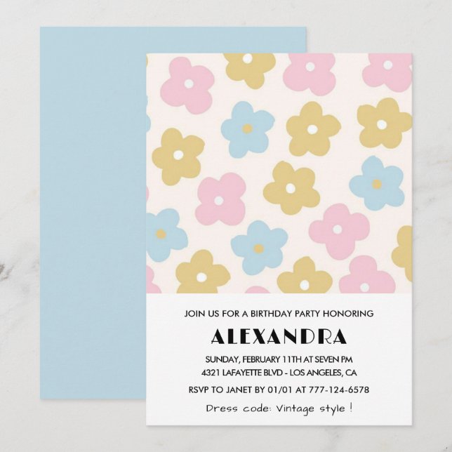 70th birthday invitations Retro Blue Pink Floral (Front/Back)
