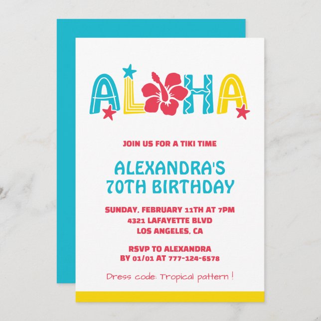 70th birthday invitations Tropical Aloha Hawaiian (Front/Back)